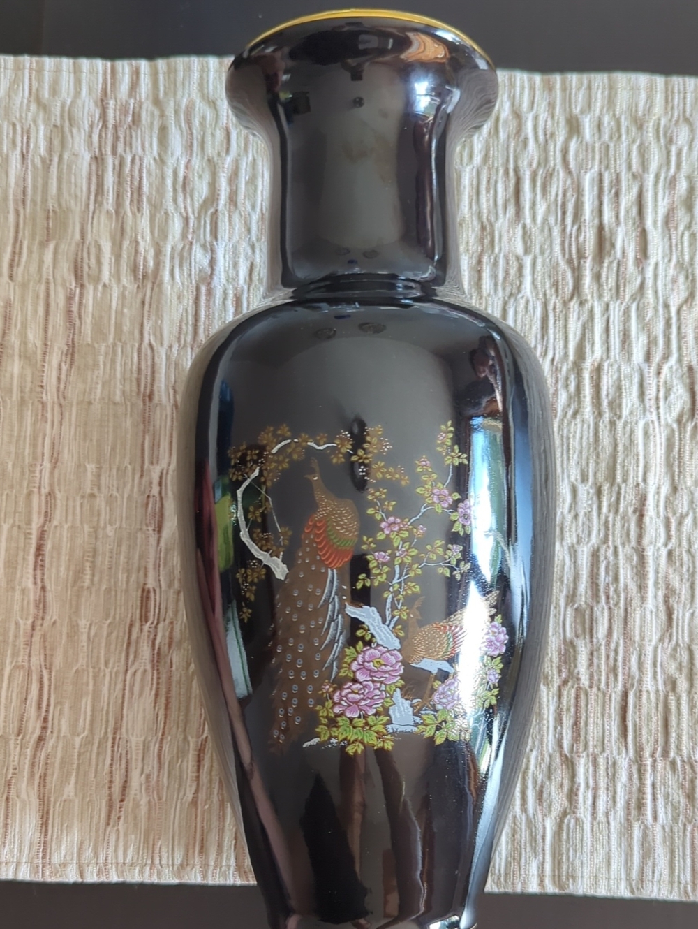 Vintage 11” Japanese Black Porcelain Peacock Vase Gold Trim